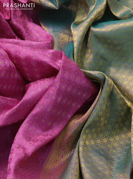 Pure kanchipuram silk saree mauve pink and dual shade of teal blue with allover self emboss & zari buttas and zari woven border
