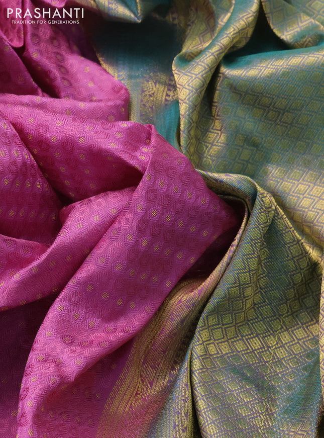 Pure kanchipuram silk saree mauve pink and dual shade of teal blue with allover self emboss & zari buttas and zari woven border