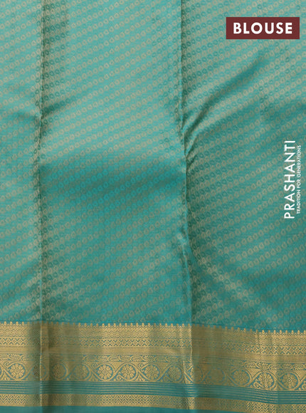 Pure kanchipuram silk saree beige and teal green with allover self emboss & zari buttas and zari woven border