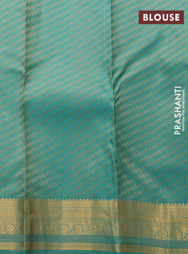 Pure kanchipuram silk saree beige and teal green with allover self emboss & zari buttas and zari woven border