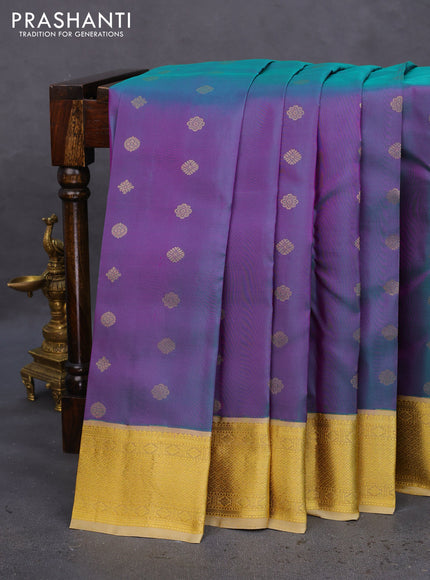 Pure kanchipuram silk saree dual shade of teal green and sandal with zari woven buttas and zari woven korvai border