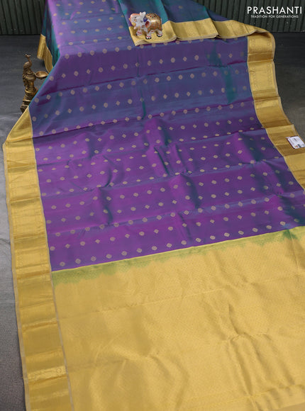 Pure kanchipuram silk saree dual shade of teal green and sandal with zari woven buttas and zari woven korvai border