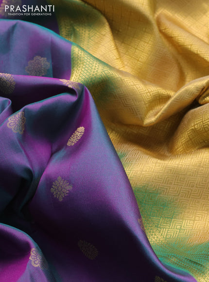 Pure kanchipuram silk saree dual shade of teal green and sandal with zari woven buttas and zari woven korvai border