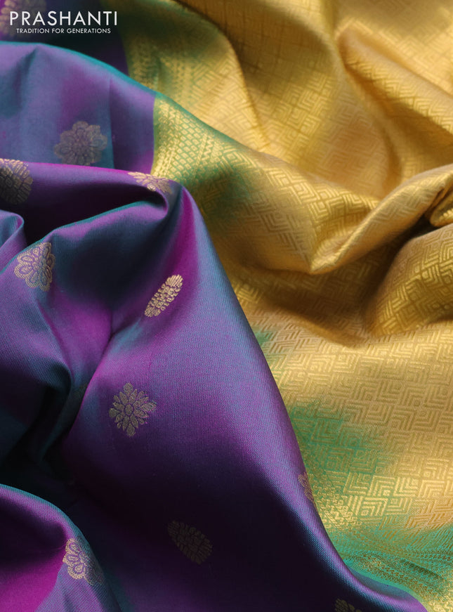 Pure kanchipuram silk saree dual shade of teal green and sandal with zari woven buttas and zari woven korvai border