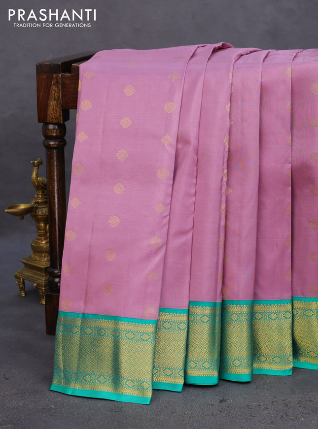 Pure kanchipuram silk saree mild purple and teal green with zari woven buttas and zari woven korvai border