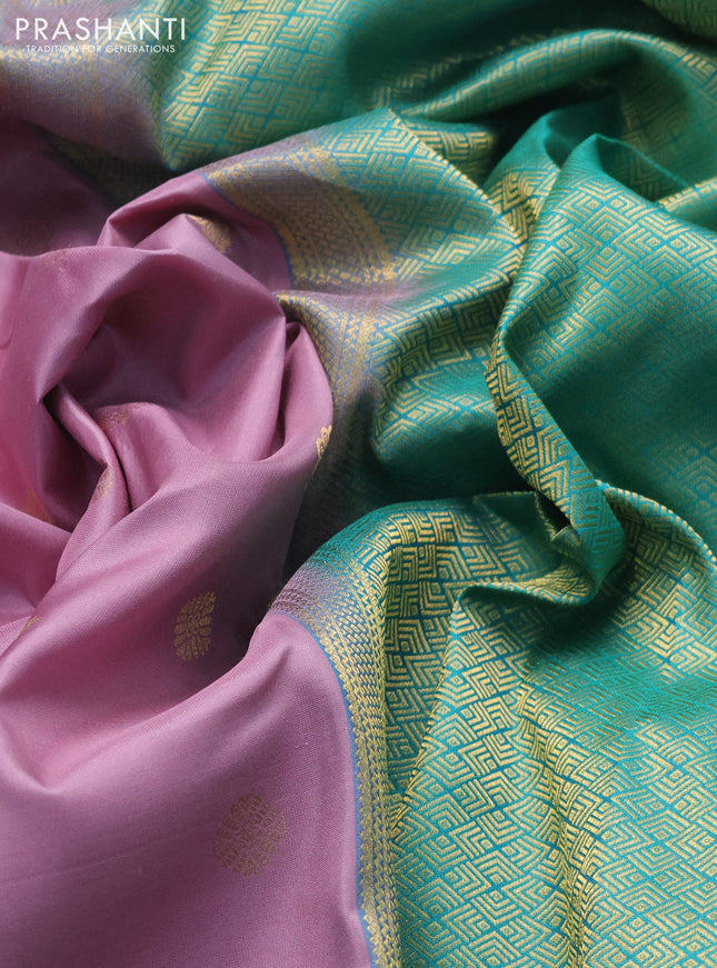 Pure kanchipuram silk saree mild purple and teal green with zari woven buttas and zari woven korvai border