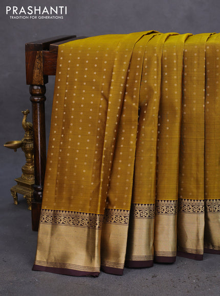 Pure kanchipuram silk saree mustard shade and coffee brown with zari woven 1000 buttas and zari woven border