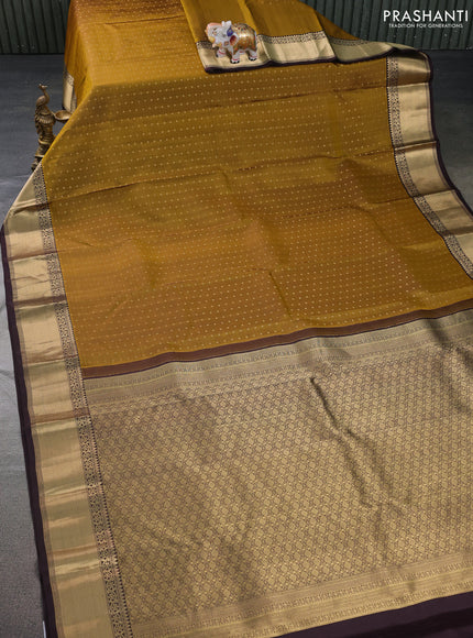 Pure kanchipuram silk saree mustard shade and coffee brown with zari woven 1000 buttas and zari woven border