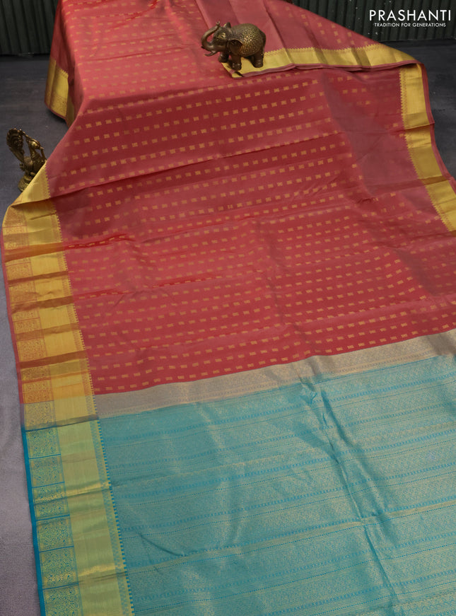Pure kanchipuram silk saree pastel maroon and teal green with allover zari woven muniya buttas and rich zari woven border