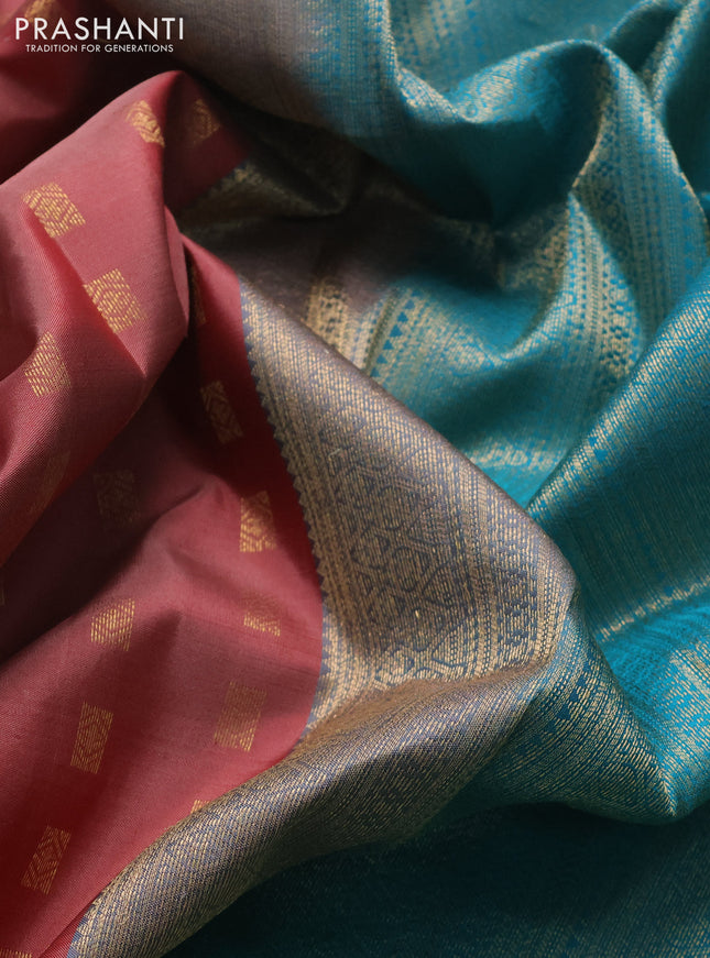 Pure kanchipuram silk saree pastel maroon and teal green with allover zari woven muniya buttas and rich zari woven border