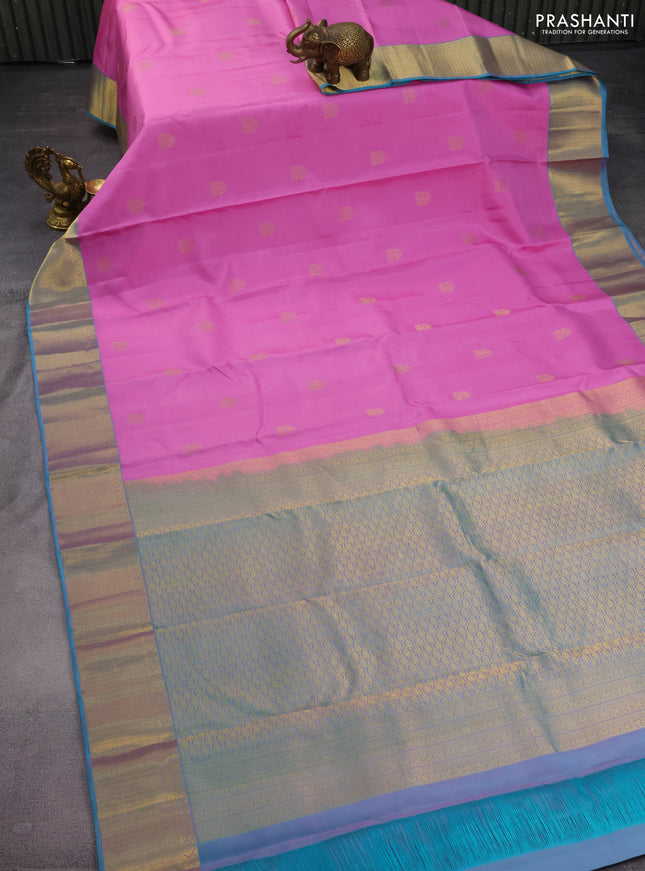 Pure kanchipuram silk saree light pink and teal blue with allover zari woven buttas and rich zari woven border