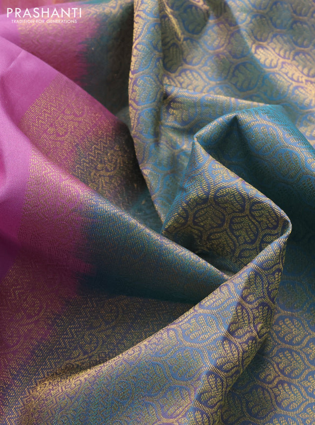 Pure kanchipuram silk saree light pink and teal blue with allover zari woven buttas and rich zari woven border