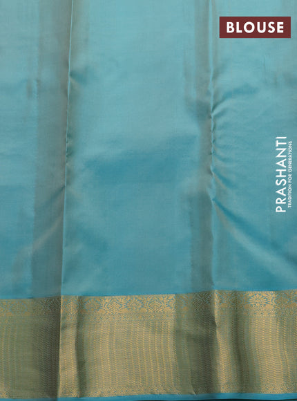Pure kanchipuram silk saree beige and teal blue with allover zari woven buttas and rich zari woven border