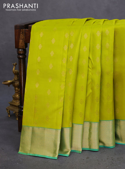Pure kanchipuram silk saree lime green and teal green with allover zari woven buttas and rich zari woven border