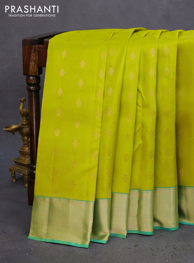 Pure kanchipuram silk saree lime green and teal green with allover zari woven buttas and rich zari woven border