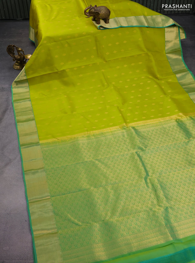 Pure kanchipuram silk saree lime green and teal green with allover zari woven buttas and rich zari woven border