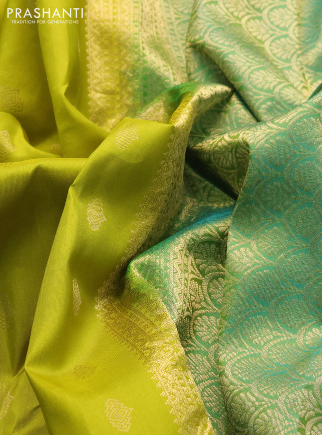 Pure kanchipuram silk saree lime green and teal green with allover zari woven buttas and rich zari woven border
