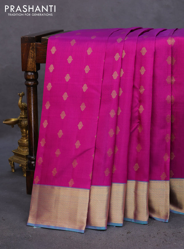 Pure kanchipuram silk saree purple and dual shade of teal green with allover zari woven buttas and rich zari woven border