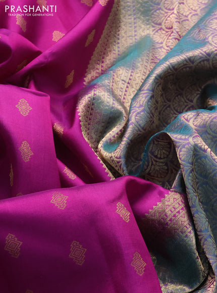 Pure kanchipuram silk saree purple and dual shade of teal green with allover zari woven buttas and rich zari woven border