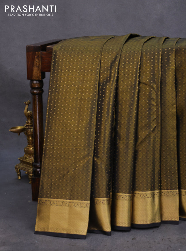 Pure kanchipuram silk saree black and teal blue with allover zari weaves and zari woven border