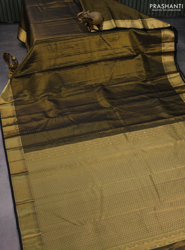 Pure kanchipuram silk saree black and teal blue with allover zari weaves and zari woven border