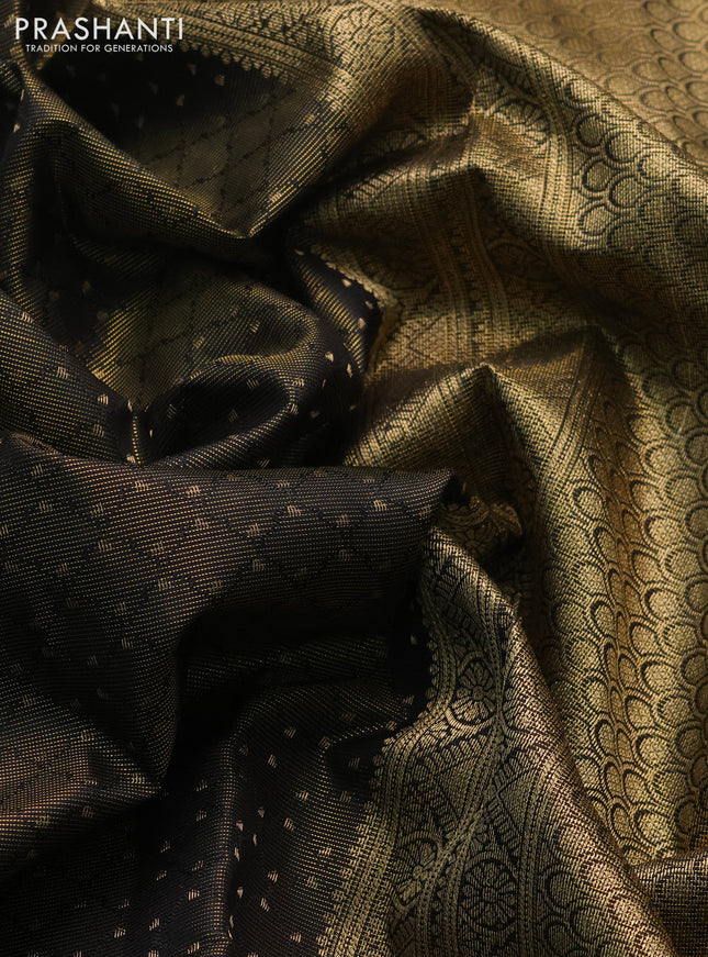Pure kanchipuram silk saree black and teal blue with allover zari weaves and zari woven border
