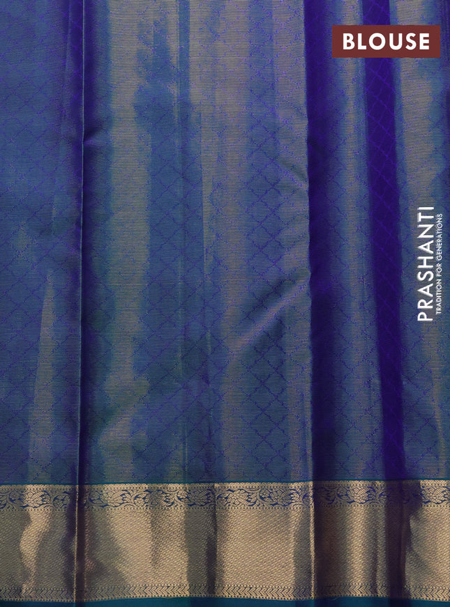 Pure kanchipuram silk saree dual shade of bluish green with allover zari weaves and zari woven border