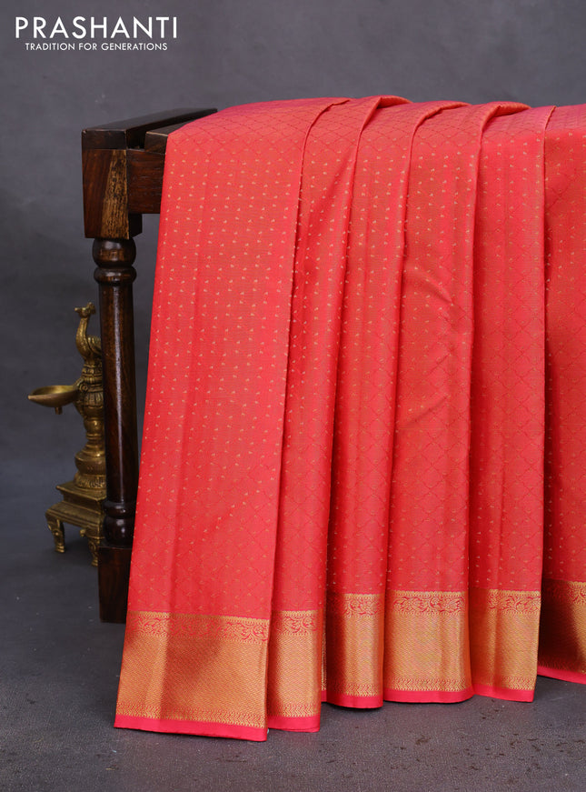 Pure kanchipuram silk saree dual shade of pink and teal blue with allover zari weaves and zari woven border