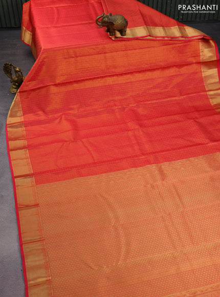 Pure kanchipuram silk saree dual shade of pink and teal blue with allover zari weaves and zari woven border