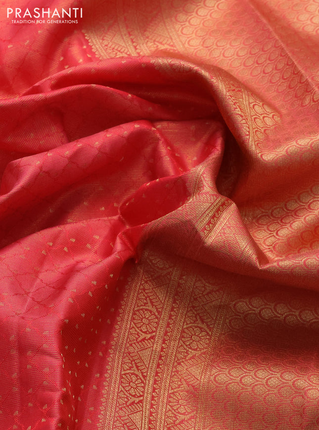 Pure kanchipuram silk saree dual shade of pink and teal blue with allover zari weaves and zari woven border