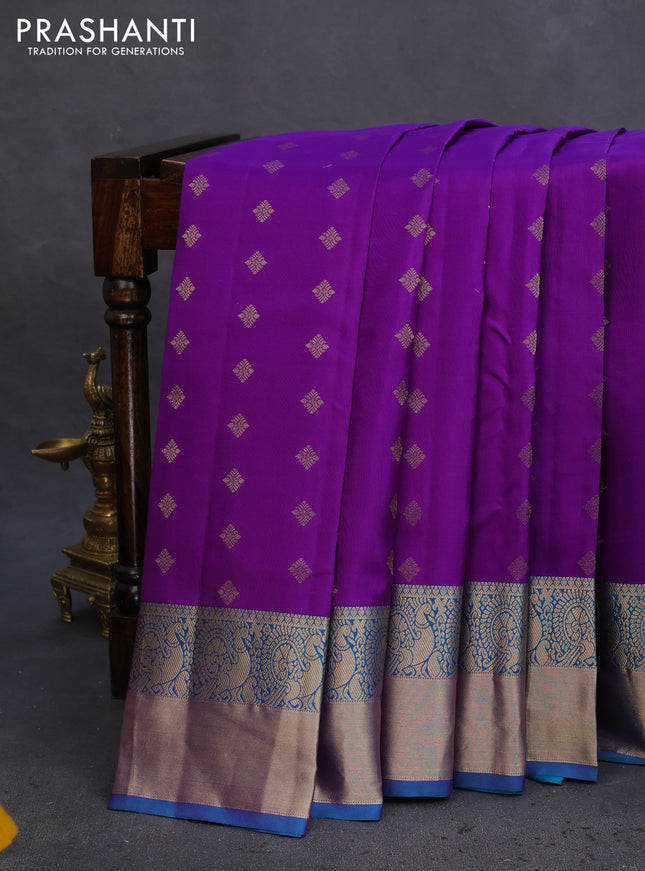 Pure kanchipuram silk saree violet and teal blue with allover zari woven buttas and rich zari woven border