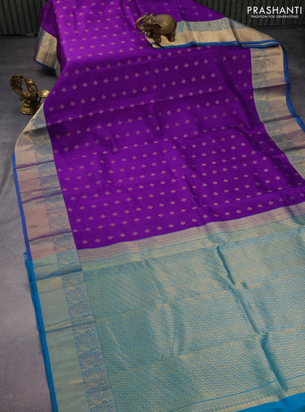 Pure kanchipuram silk saree violet and teal blue with allover zari woven buttas and rich zari woven border