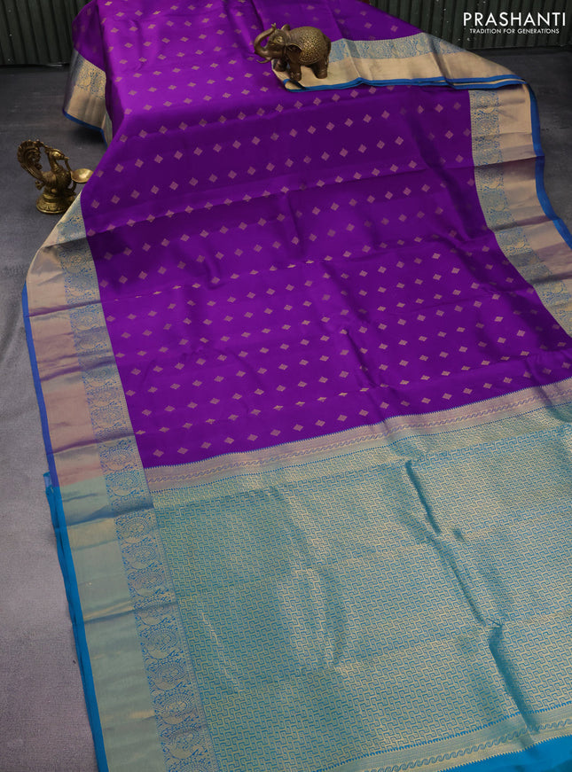 Pure kanchipuram silk saree violet and teal blue with allover zari woven buttas and rich zari woven border