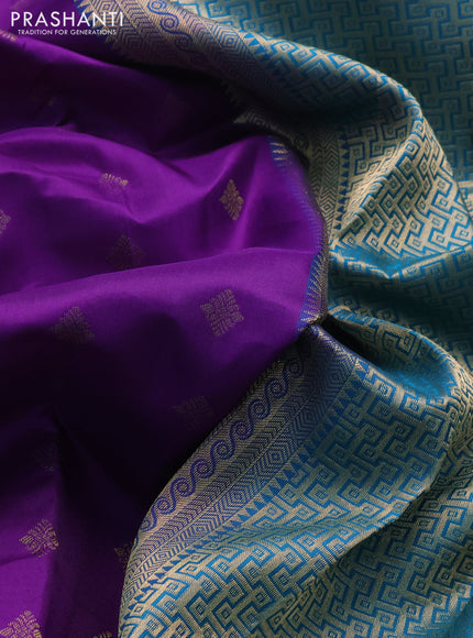 Pure kanchipuram silk saree violet and teal blue with allover zari woven buttas and rich zari woven border