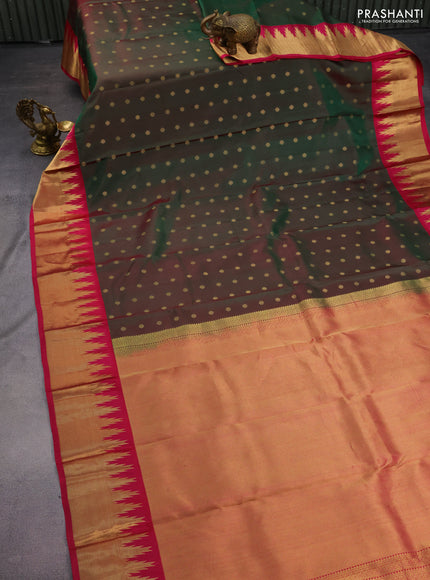 Pure kanchipuram silk saree dual shade of green and dark pink with allover zari woven buttas and temple design zari woven border