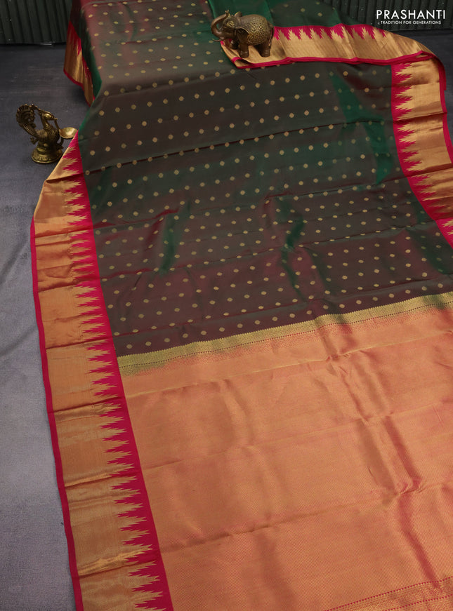 Pure kanchipuram silk saree dual shade of green and dark pink with allover zari woven buttas and temple design zari woven border
