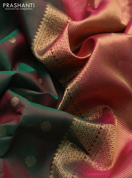 Pure kanchipuram silk saree dual shade of green and dark pink with allover zari woven buttas and temple design zari woven border