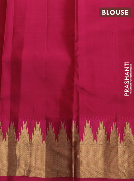Pure kanchipuram silk saree dual shade of green and dark pink with allover zari woven buttas and temple design zari woven border