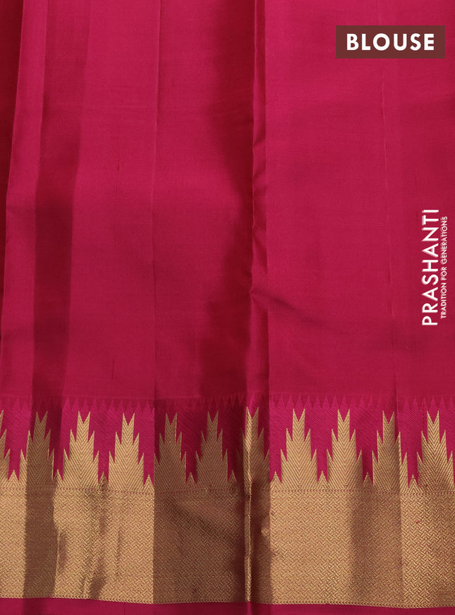 Pure kanchipuram silk saree dual shade of green and dark pink with allover zari woven buttas and temple design zari woven border