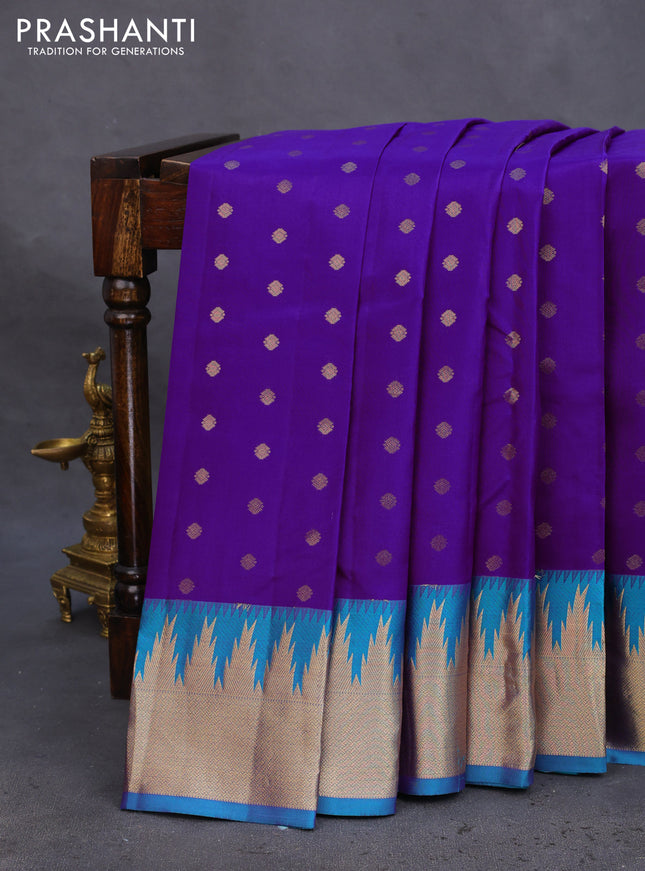 Pure kanchipuram silk saree purple and teal green with allover zari woven buttas and temple design zari woven border