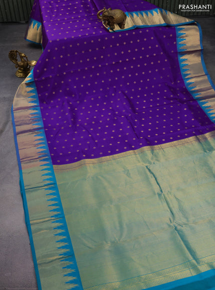 Pure kanchipuram silk saree purple and teal green with allover zari woven buttas and temple design zari woven border
