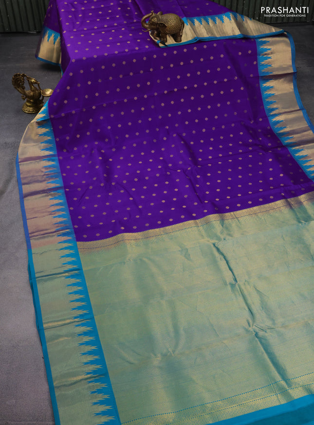 Pure kanchipuram silk saree purple and teal green with allover zari woven buttas and temple design zari woven border