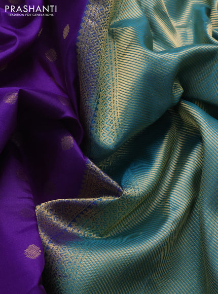Pure kanchipuram silk saree purple and teal green with allover zari woven buttas and temple design zari woven border