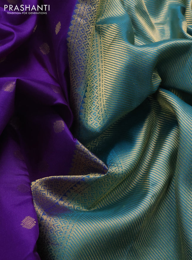 Pure kanchipuram silk saree purple and teal green with allover zari woven buttas and temple design zari woven border