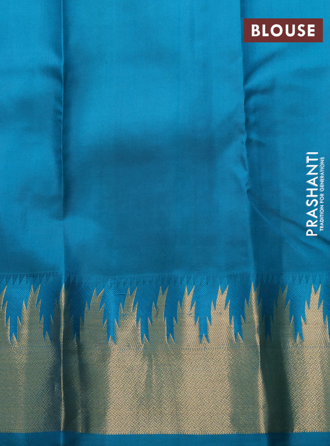 Pure kanchipuram silk saree purple and teal green with allover zari woven buttas and temple design zari woven border