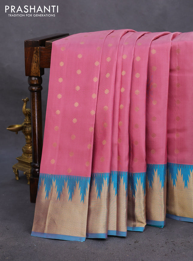 Pure kanchipuram silk saree mauve pink and teal green with allover zari woven buttas and temple design zari woven border