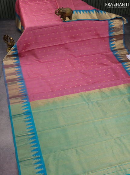 Pure kanchipuram silk saree mauve pink and teal green with allover zari woven buttas and temple design zari woven border