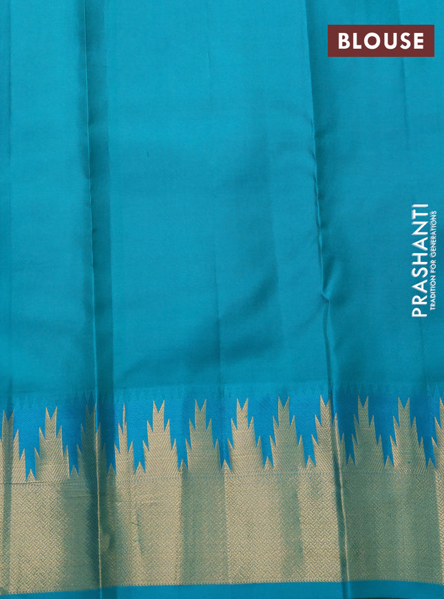Pure kanchipuram silk saree mauve pink and teal green with allover zari woven buttas and temple design zari woven border