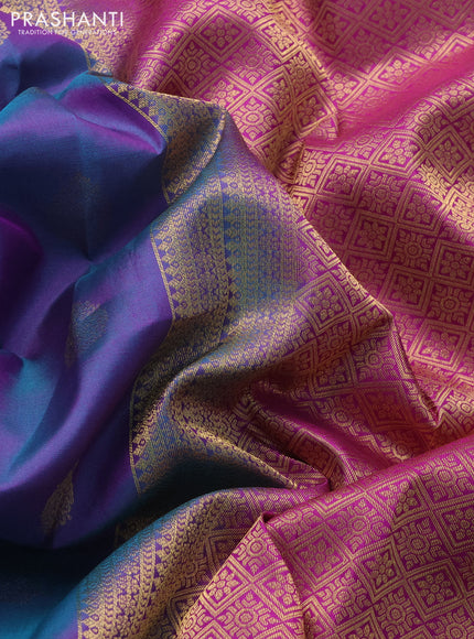Pure kanchipuram silk saree dual shade of bluish purple and purple with allover zari woven buttas and zari woven border