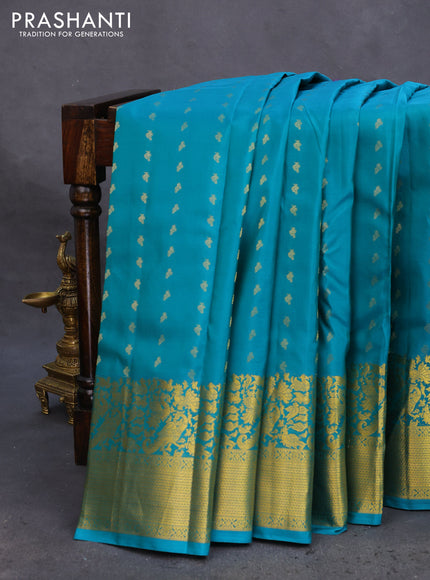 Pure kanchipuram silk saree teal blue with allover zari woven buttas and rich zari woven border